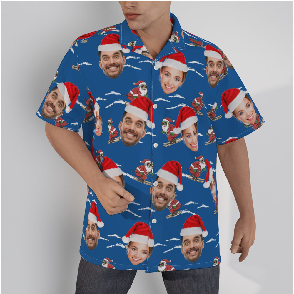 Funny Santa Claus Skiing Navy Hawaiian Shirt With Custom Multiple Faces - variant image 1