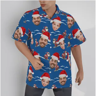 Funny Santa Claus Skiing Navy Hawaiian Shirt With Custom Multiple Faces