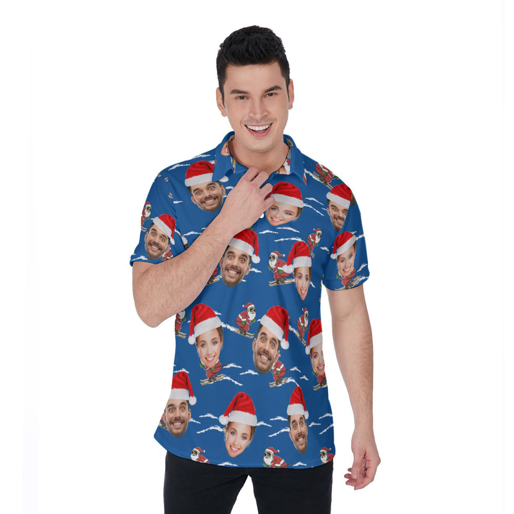 Funny Custom Couple Faces Christmas Santa Skiing Hawaiian Polo Shirt - variant image 1