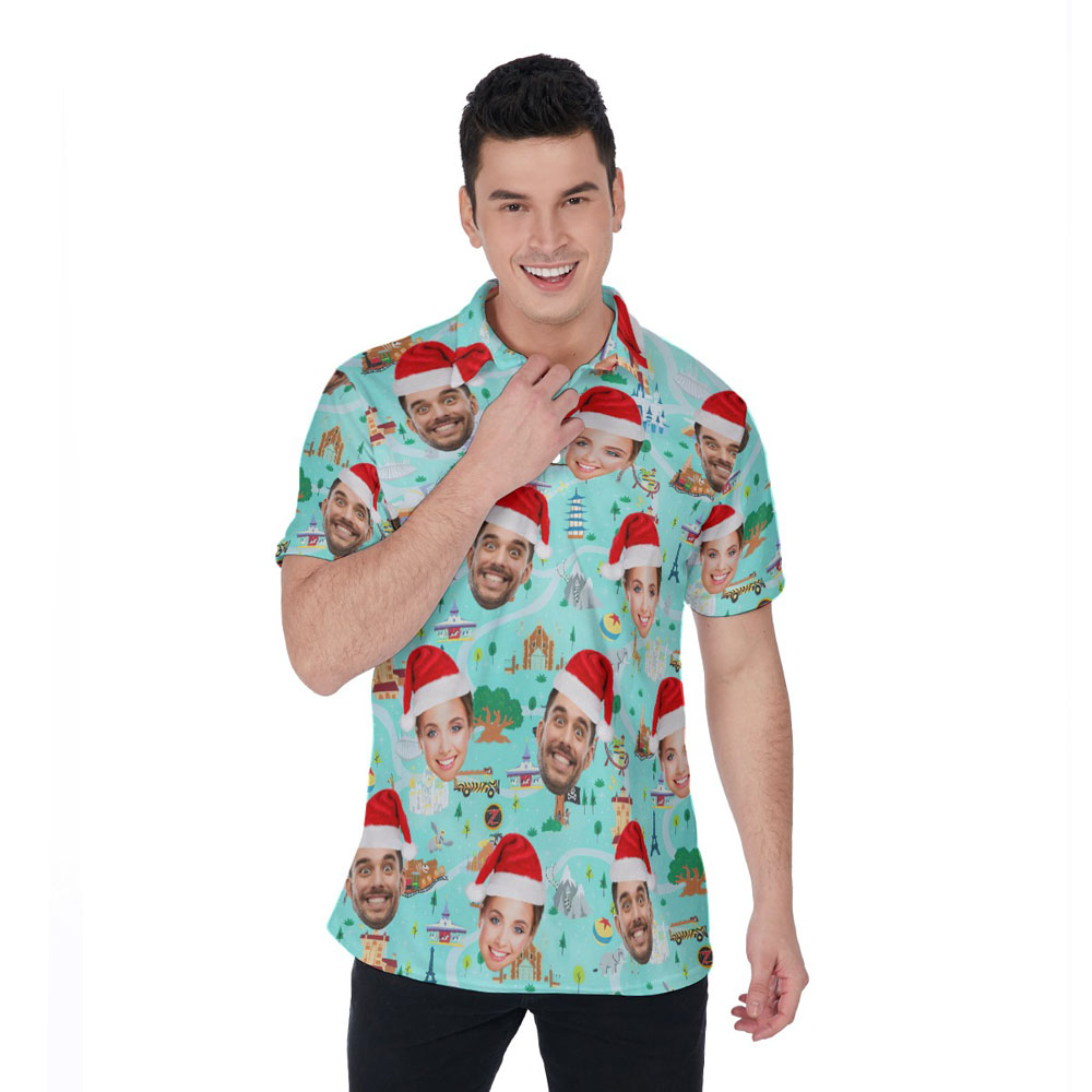 Custom Face Christmas Magic Park Green Hawaiian Polo Shirt - variant image 1