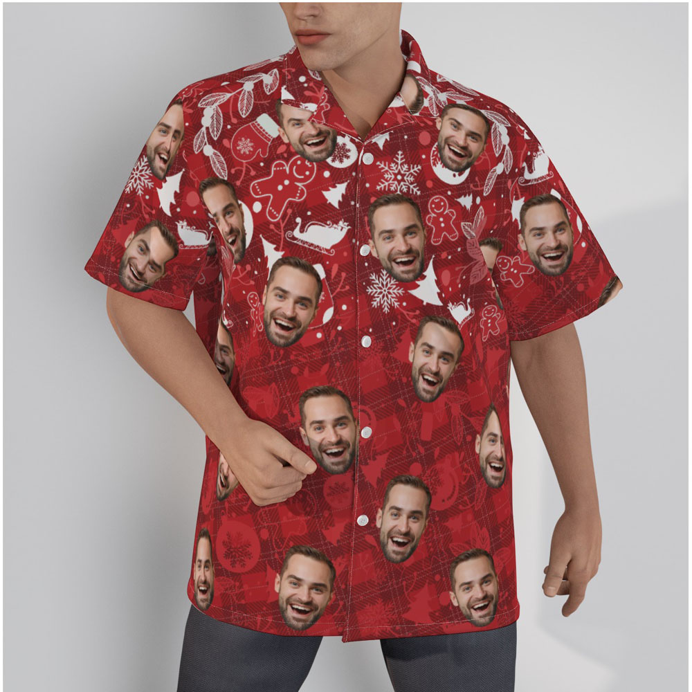 Custom Face Vintage Christmas Ginger Bread Red Hawaiian Shirt - variant image 1