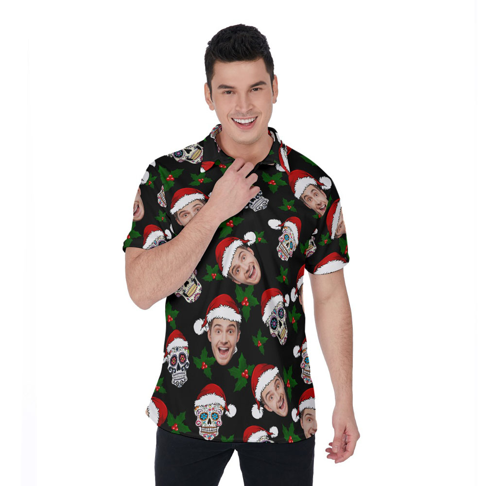 Funny Custom Face Skull Christmas Hawaiian Polo Shirt - variant image 1