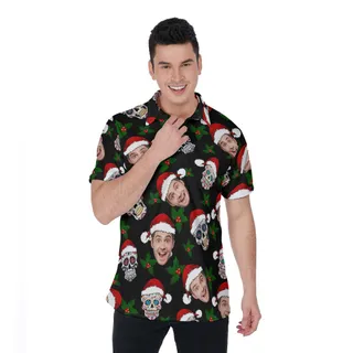 Funny Custom Face Skull Christmas Hawaiian Polo Shirt