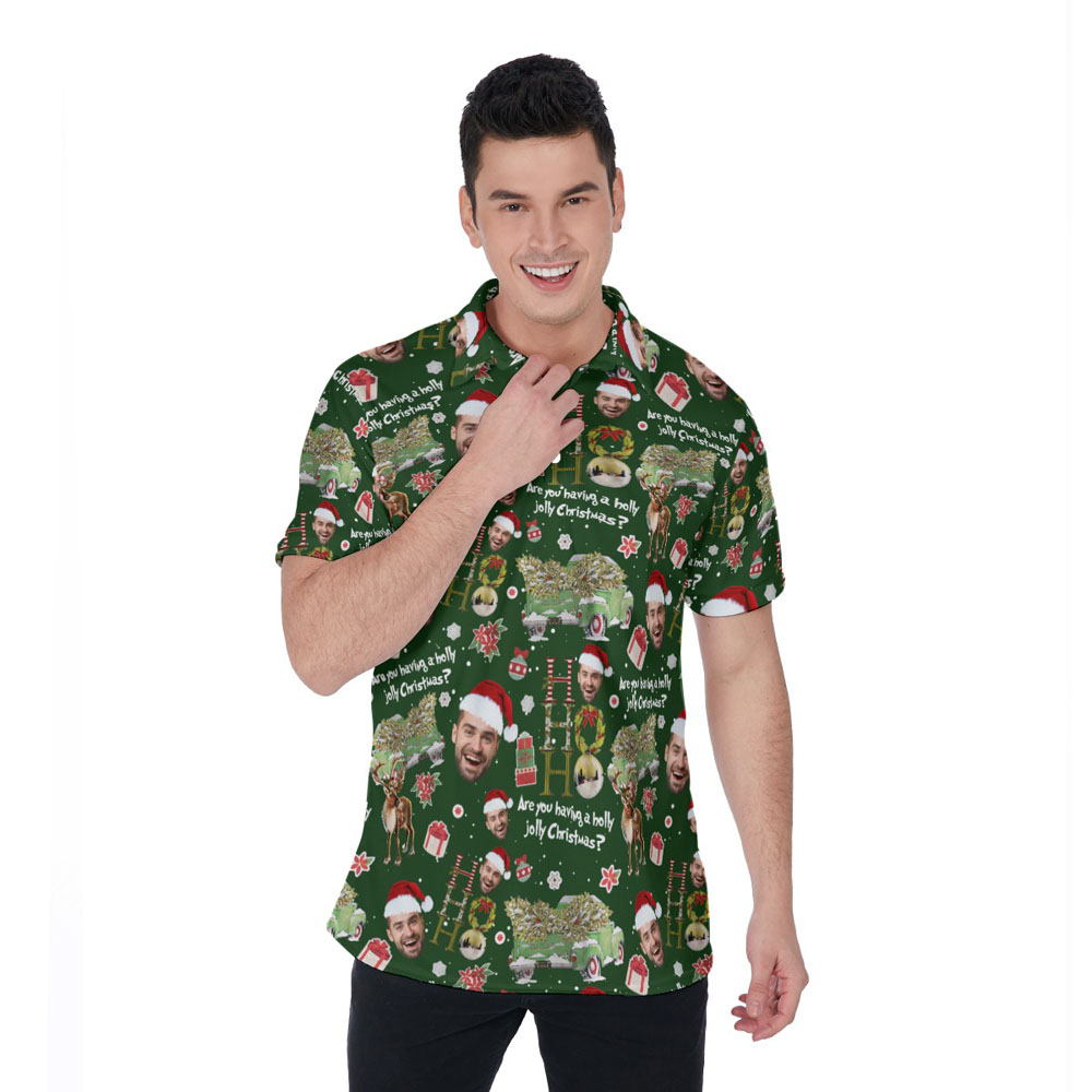 Funny Custom Face Christmas Green Hawaiian Polo Shirt - variant image 1