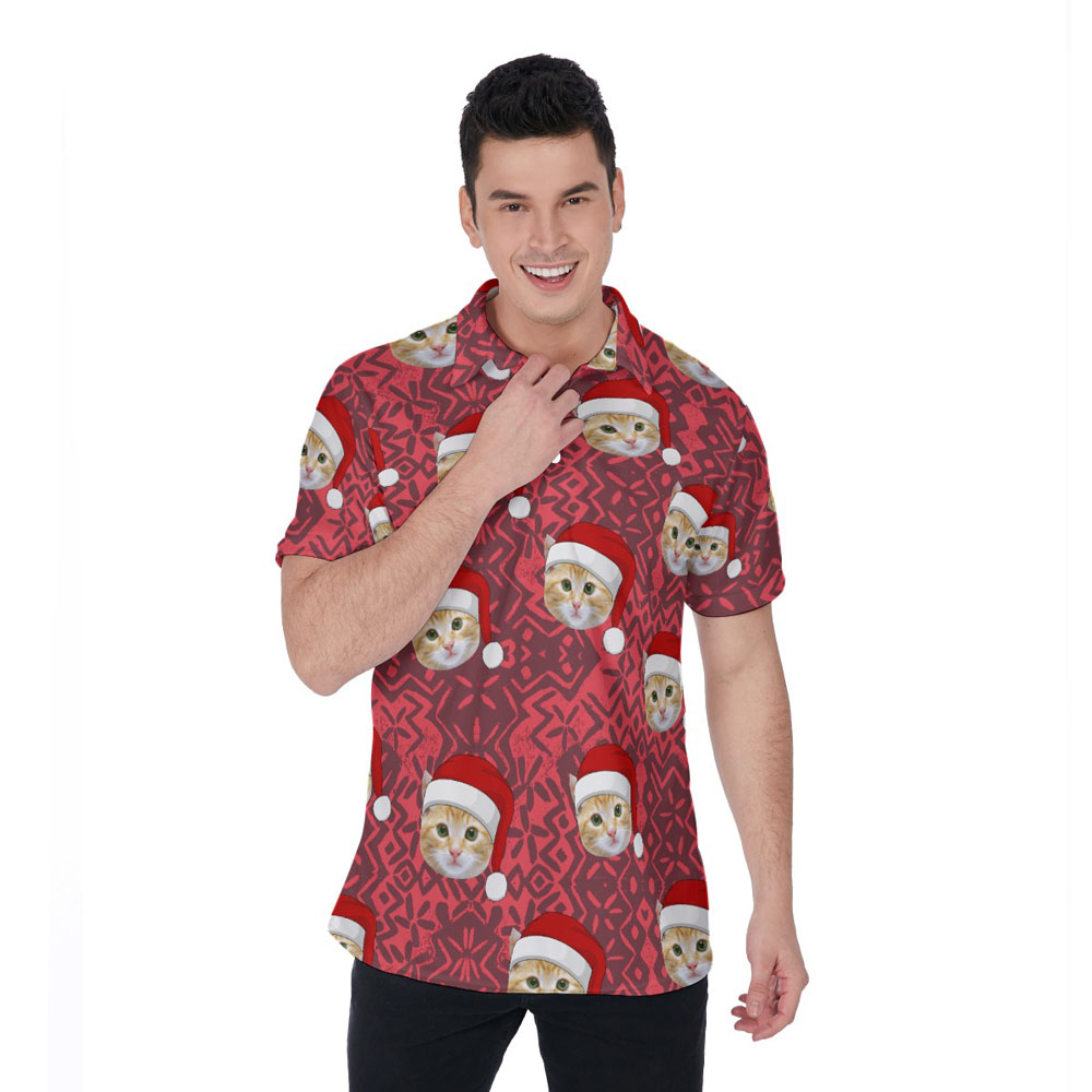 Cute Custom Xmas Vintage Hawaiian Polo Shirt With Cat Face - variant image 1