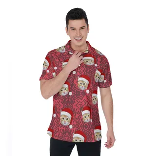 Cute Custom Xmas Vintage Hawaiian Polo Shirt With Cat Face