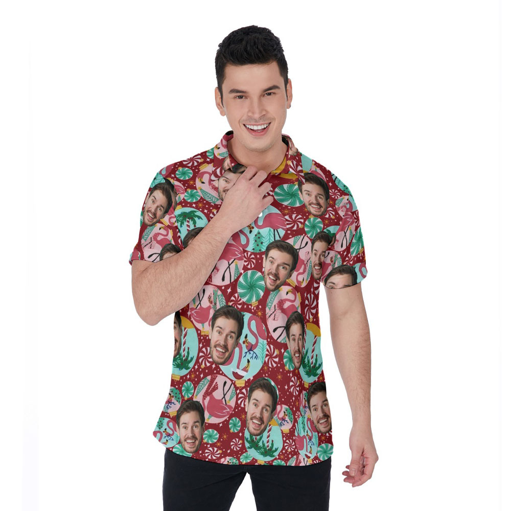 Funny Custom Face Christmas Flamingo Hawaiian Polo Shirt For Men - variant image 1