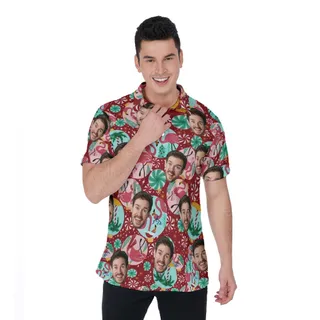 Funny Custom Face Christmas Flamingo Hawaiian Polo Shirt For Men