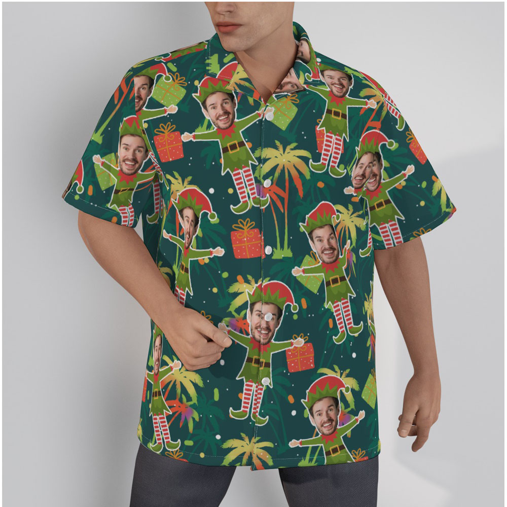 Funny Custom Face Christmas Elf Palm Tree Hawaiian Shirt - variant image 1
