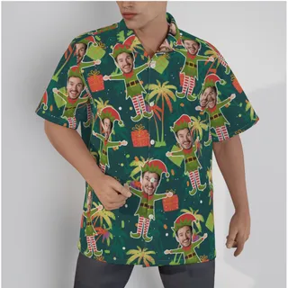 Funny Custom Face Christmas Elf Palm Tree Hawaiian Shirt