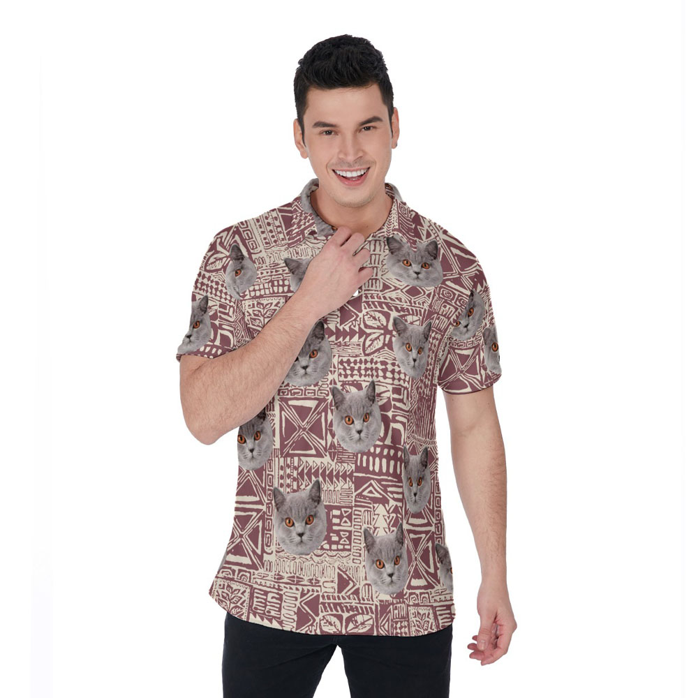 Custom Cat Face Vintage Hawaiian Polo Golf Shirt For Men - variant image 1