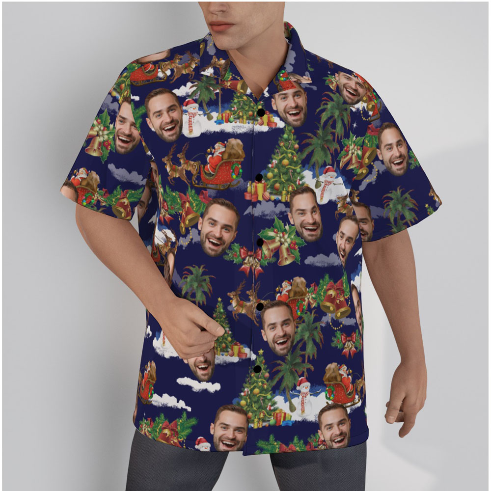 Funny Custom Face Christmas Vintage Navy Hawaiian Shirt - variant image 1