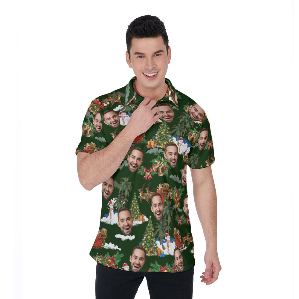 Custom Face Vintage Santa Claus Christmas Green Hawaiian Polo Shirt - variant image 1