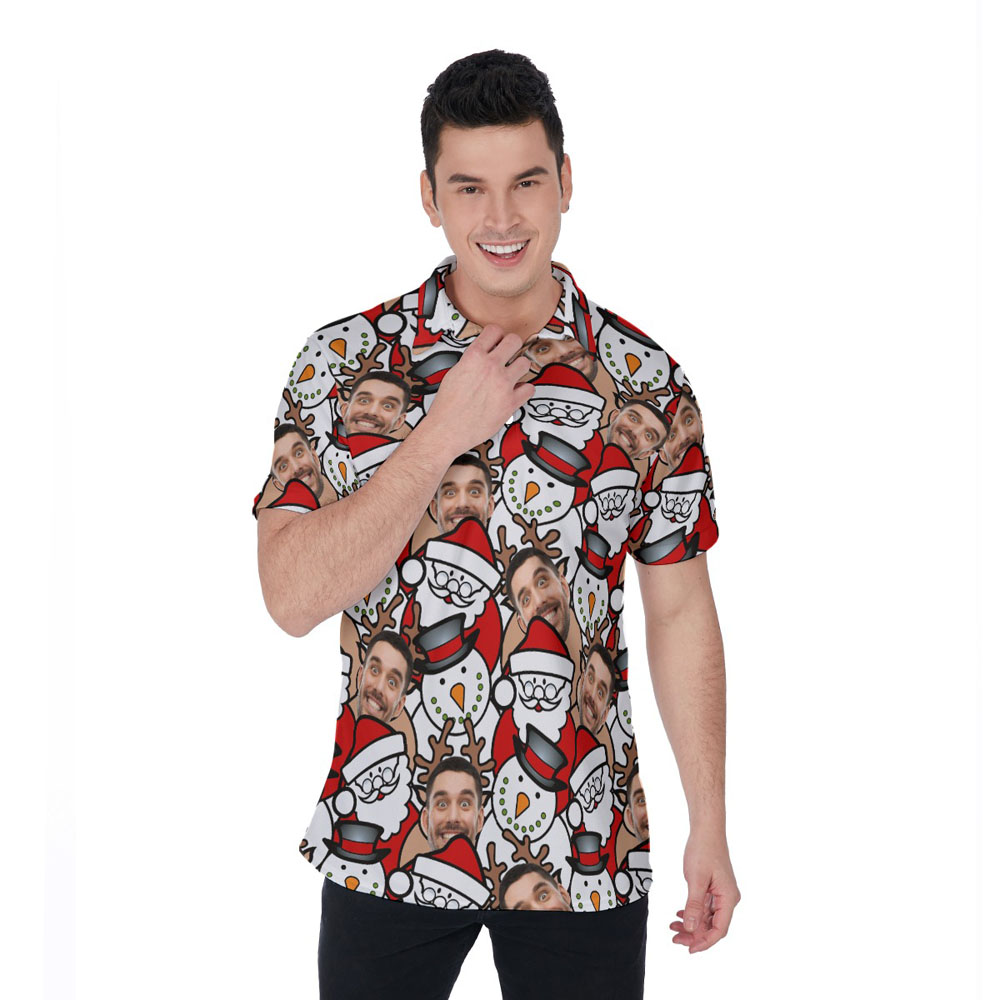 Custom Face Reindeer Snowman Christmas Hawaiian Polo Shirt For Men - variant image 1