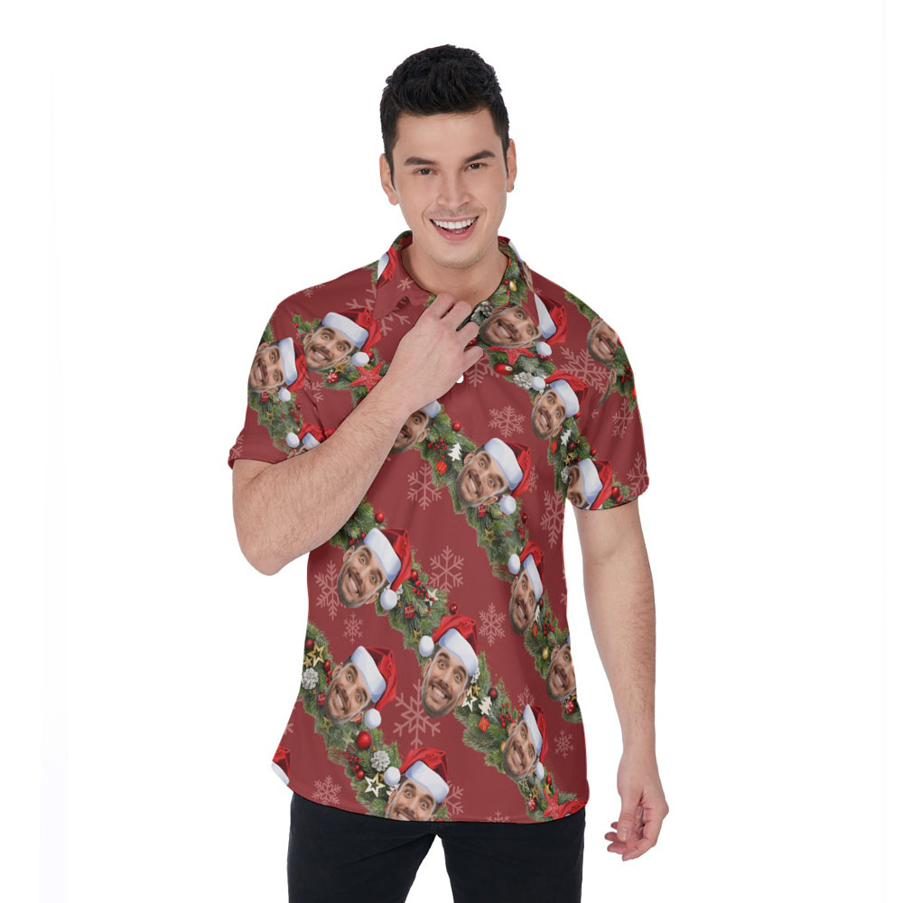 Funny Custom Face Christmas Red Hawaiian Polo Golf Shirt For Men - variant image 1