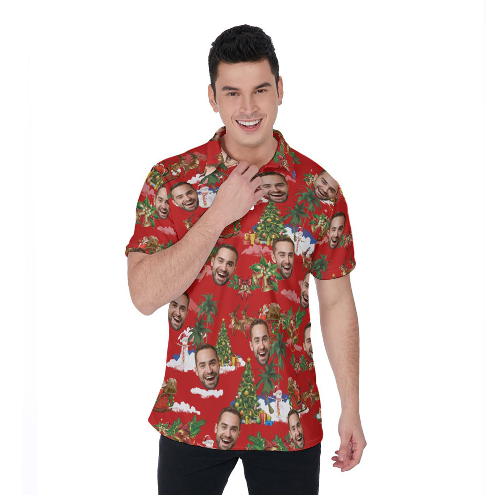 Custom Face Vintage Santa Christmas Red Hawaiian Polo Shirt For Men - variant image 1