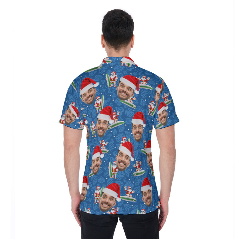 Cute Summer Santa Surfing Custom Face Christmas Hawaiian Polo Shirt
