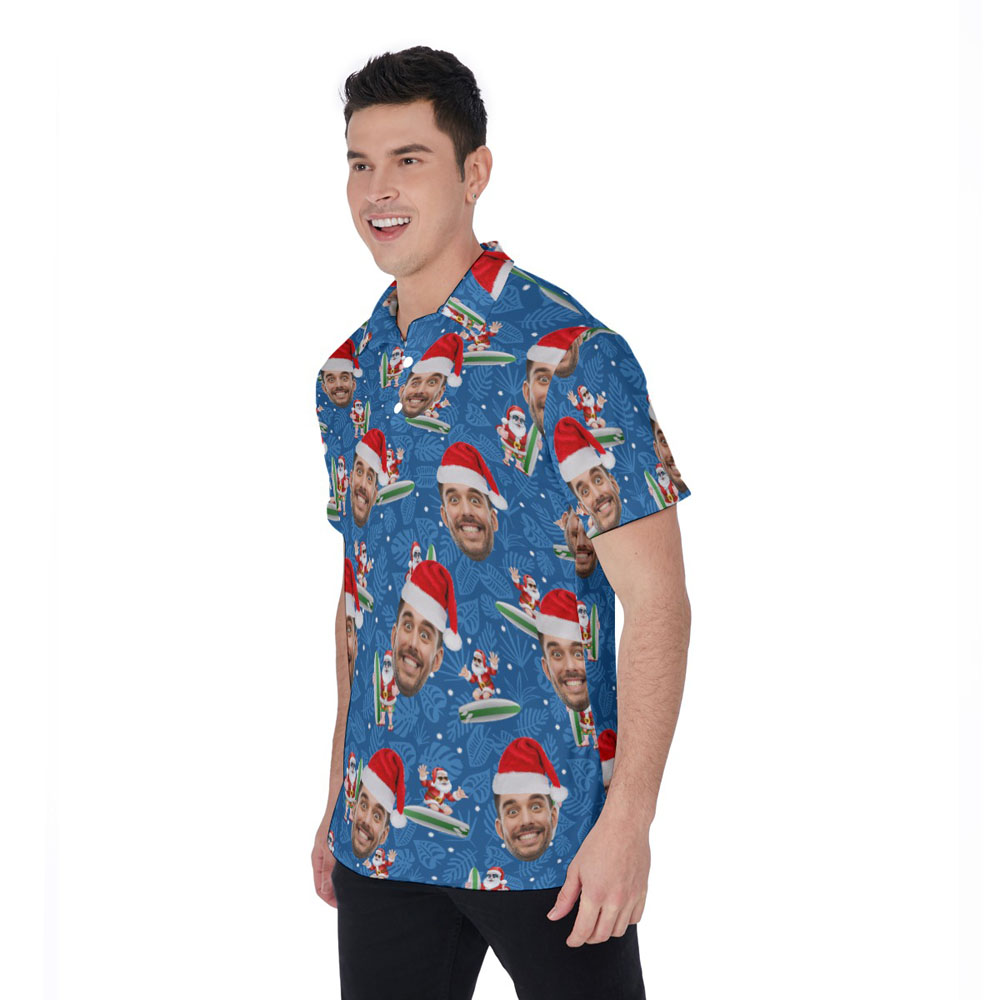 Cute Summer Santa Surfing Custom Face Christmas Hawaiian Polo Shirt