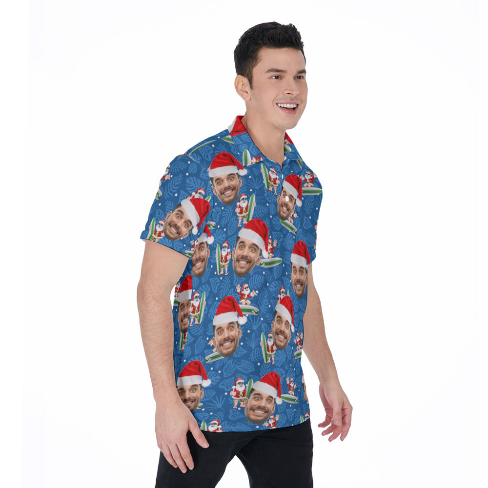 Cute Summer Santa Surfing Custom Face Christmas Hawaiian Polo Shirt