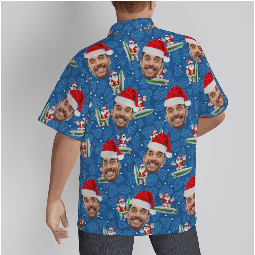 Custom Face Christmas Santa Surfing Navy Men's Hawaiian Shirt