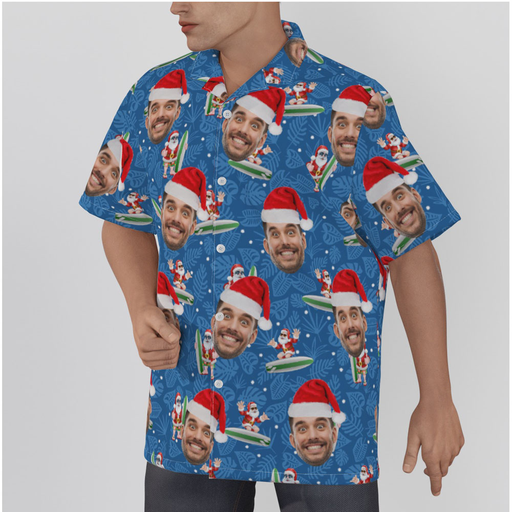 Custom Face Christmas Santa Surfing Navy Men's Hawaiian Shirt