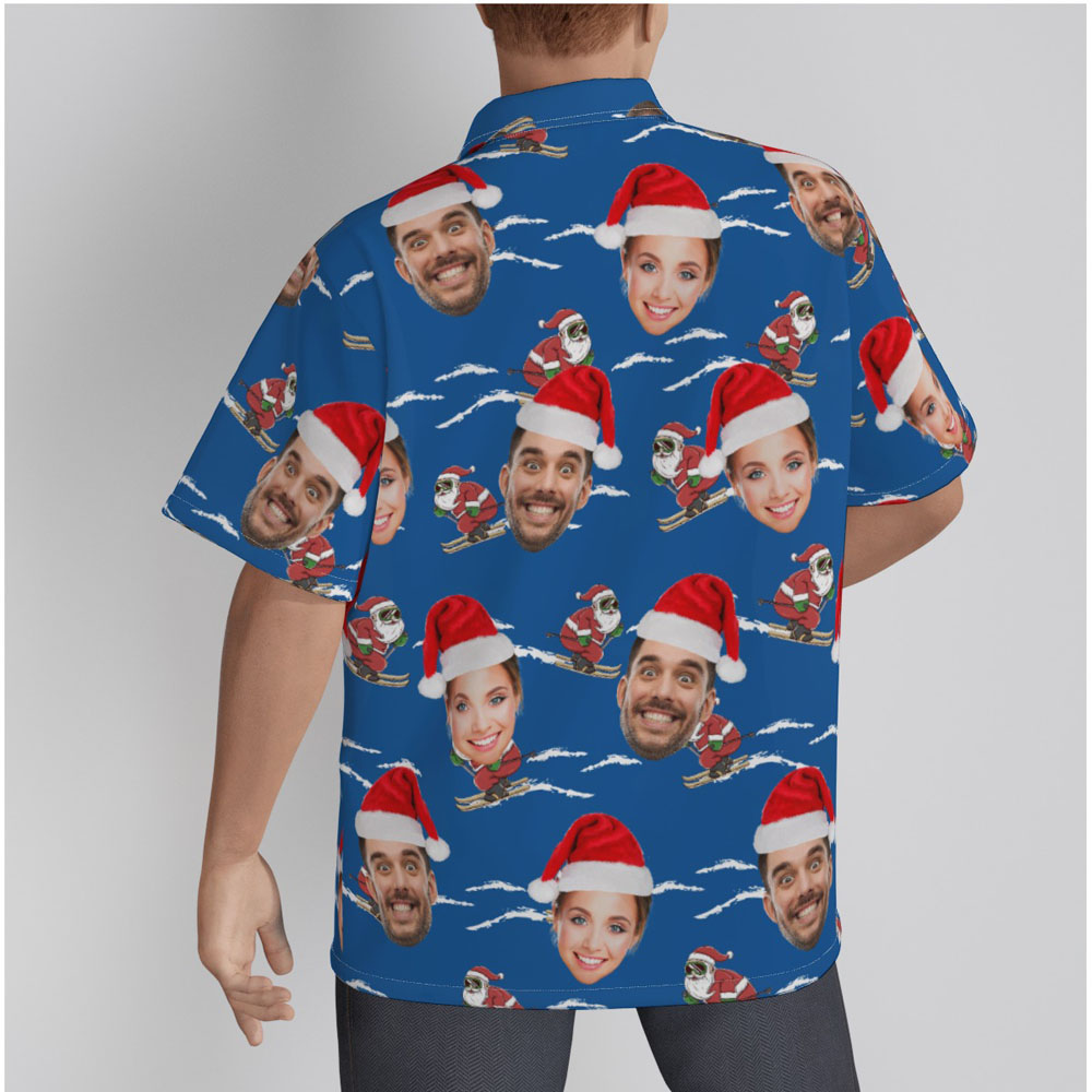 Funny Santa Claus Skiing Navy Hawaiian Shirt With Custom Multiple Faces