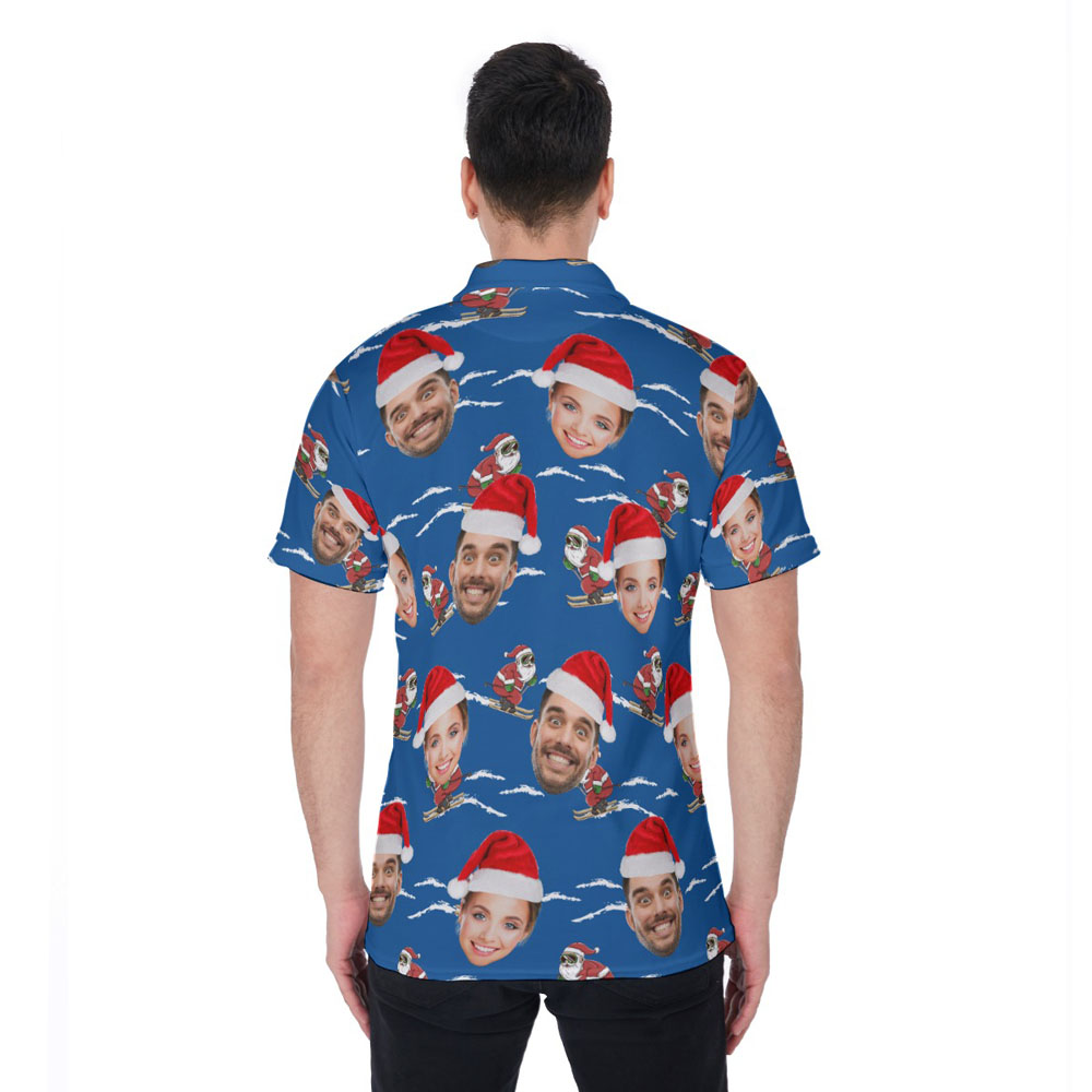 Funny Custom Couple Faces Christmas Santa Skiing Hawaiian Polo Shirt