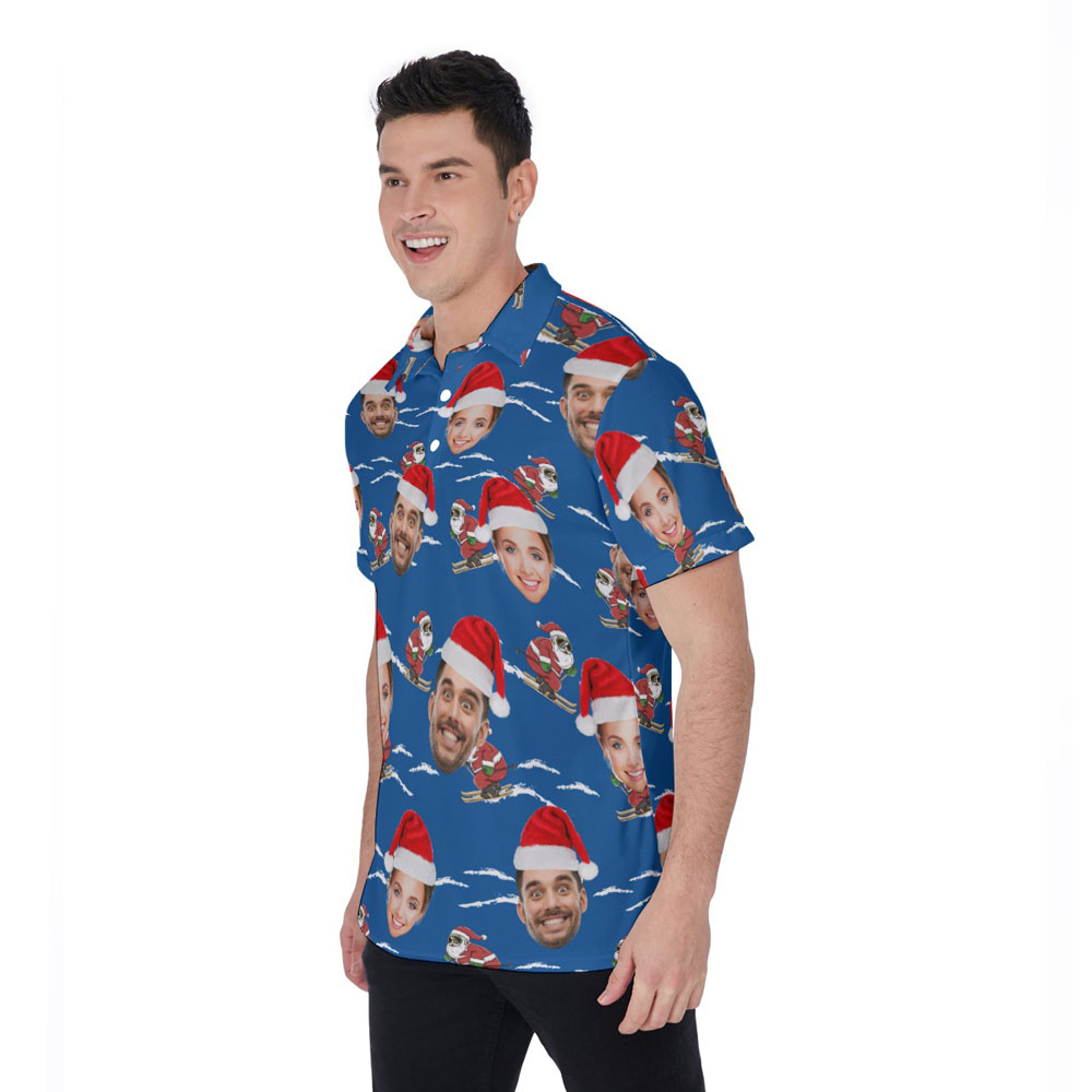 Funny Custom Couple Faces Christmas Santa Skiing Hawaiian Polo Shirt