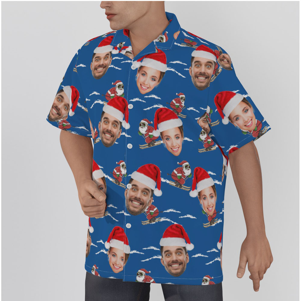 Funny Santa Claus Skiing Navy Hawaiian Shirt With Custom Multiple Faces