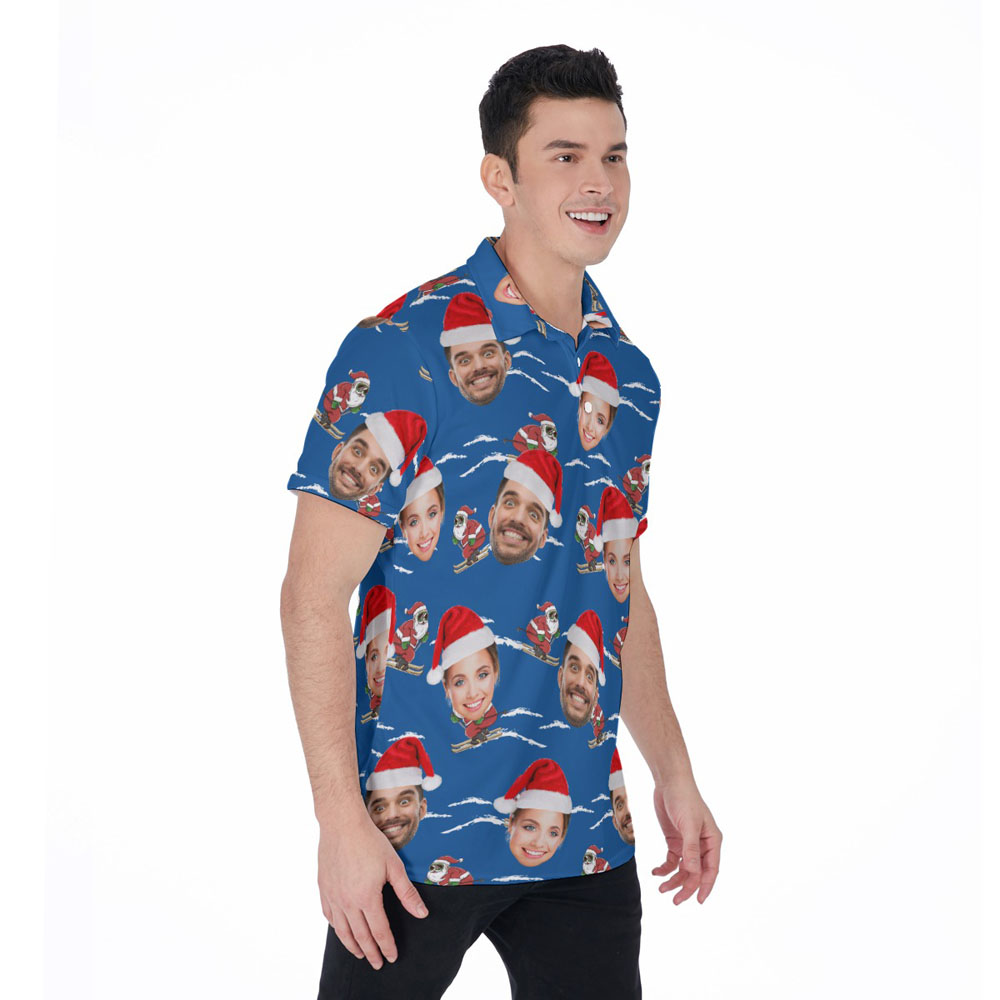 Funny Custom Couple Faces Christmas Santa Skiing Hawaiian Polo Shirt