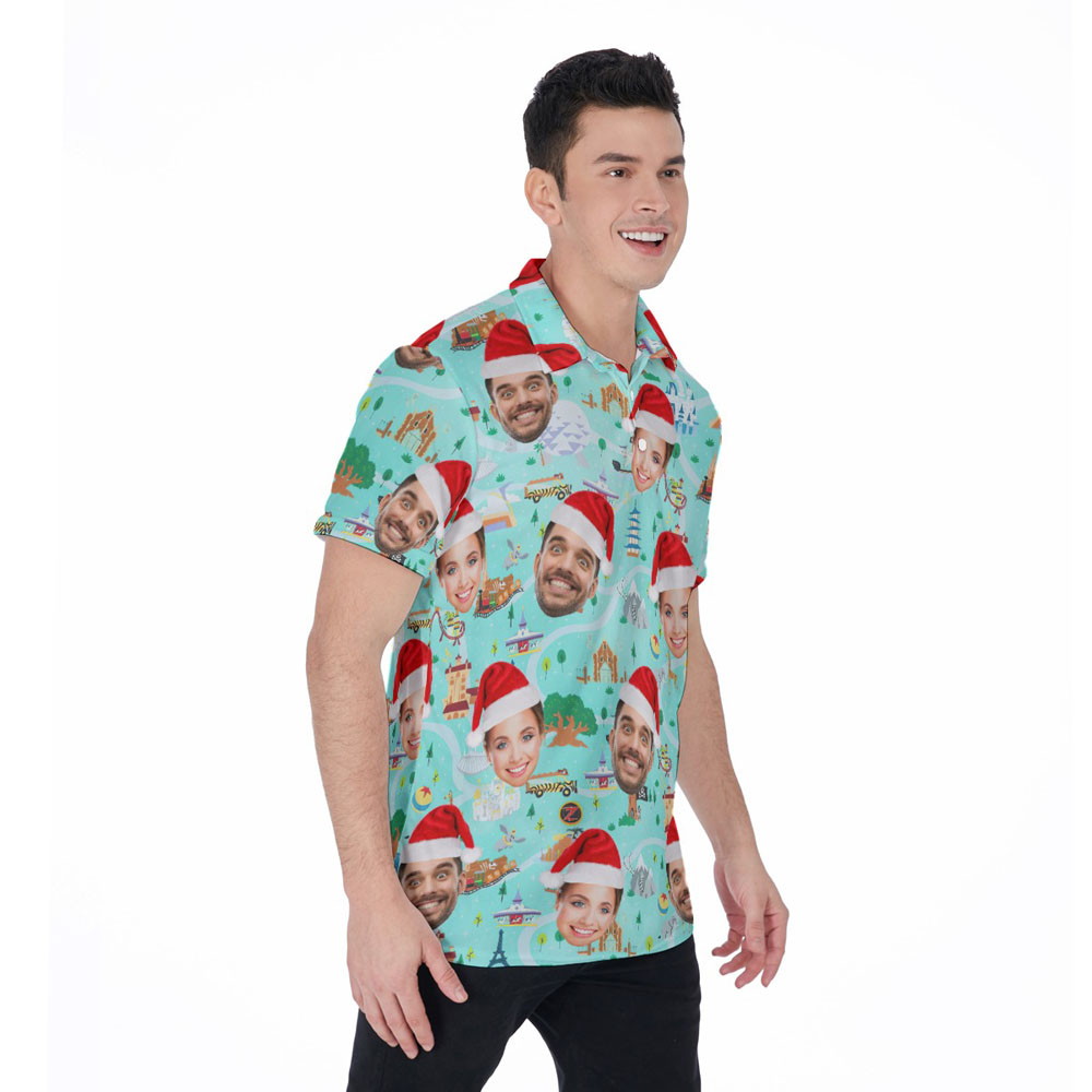 Custom Face Christmas Magic Park Green Hawaiian Polo Shirt