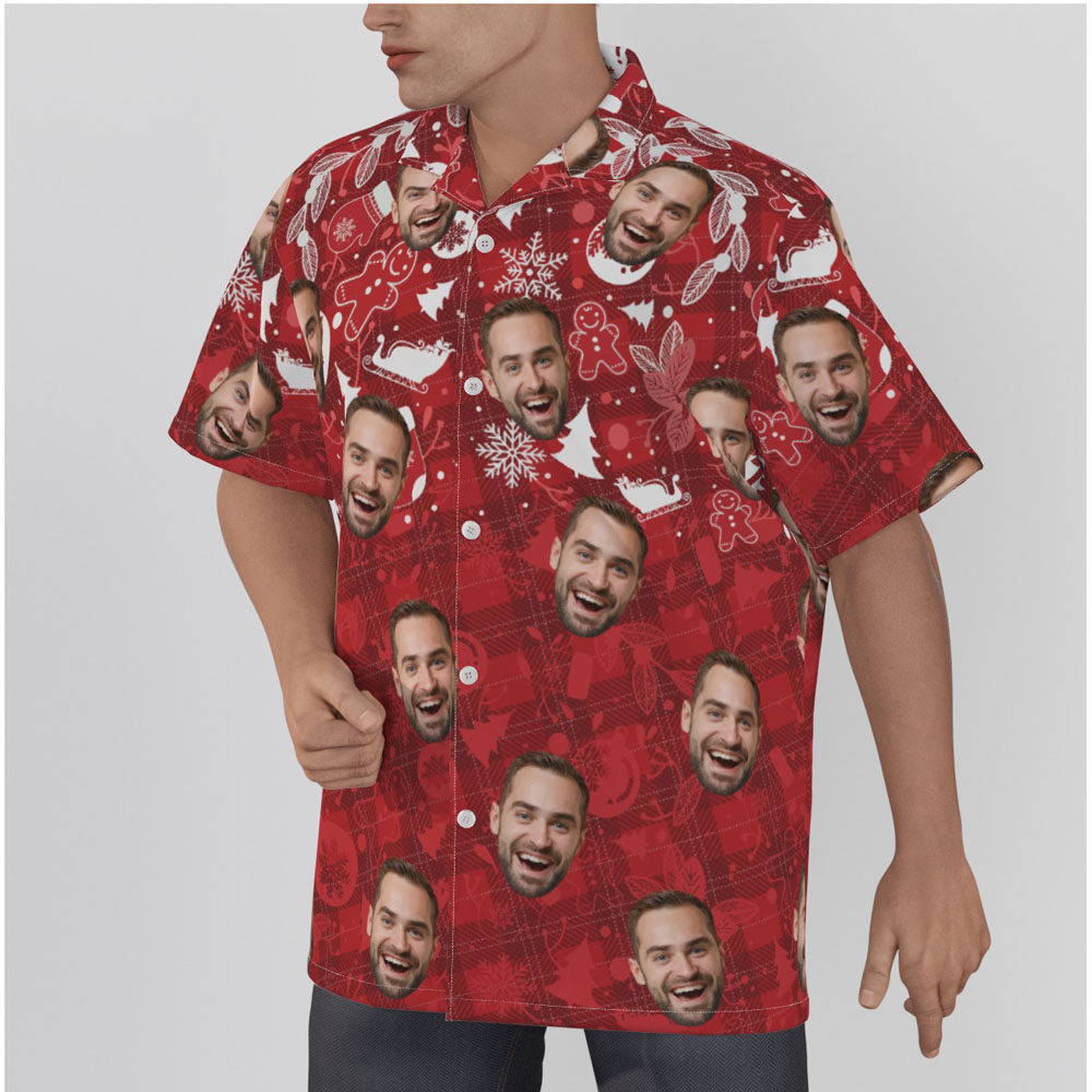 Custom Face Vintage Christmas Ginger Bread Red Hawaiian Shirt