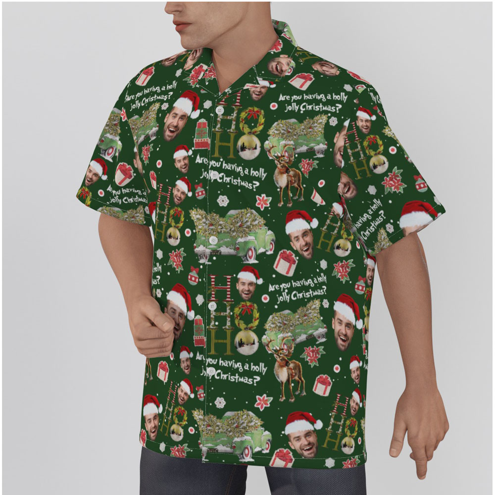 Are You Having A Holly Jolly Christmas Custom Face Green Hawaiian Shirt