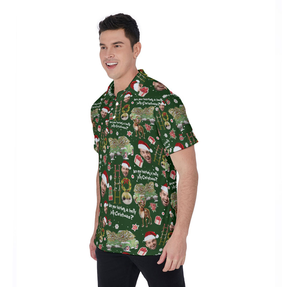 Funny Custom Face Christmas Green Hawaiian Polo Shirt