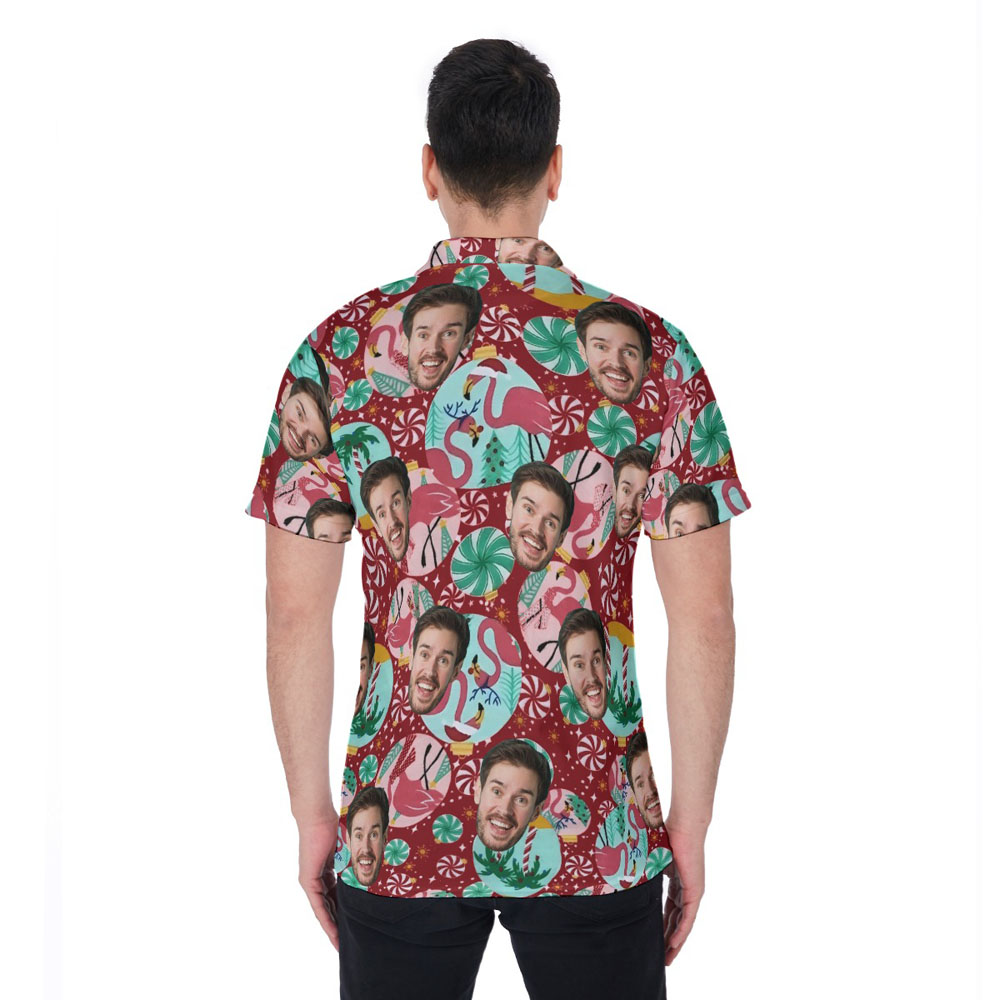 Funny Custom Face Christmas Flamingo Hawaiian Polo Shirt For Men