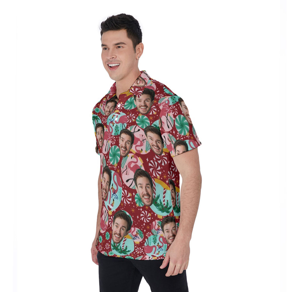 Funny Custom Face Christmas Flamingo Hawaiian Polo Shirt For Men