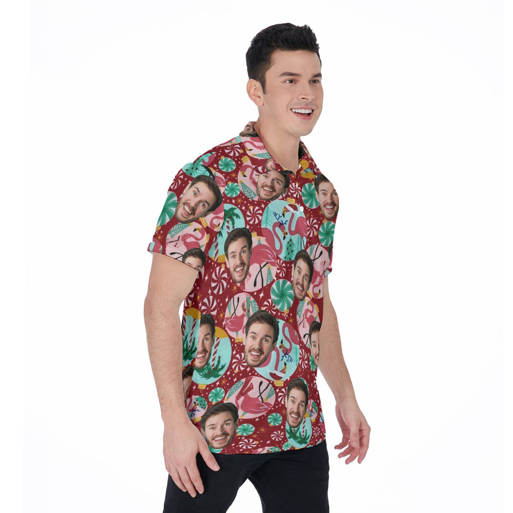Funny Custom Face Christmas Flamingo Hawaiian Polo Shirt For Men
