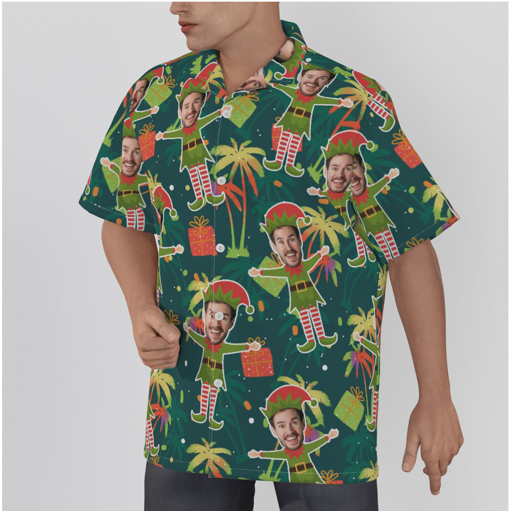Funny Custom Face Christmas Elf Palm Tree Hawaiian Shirt