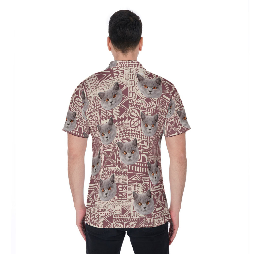Custom Cat Face Vintage Hawaiian Polo Golf Shirt For Men