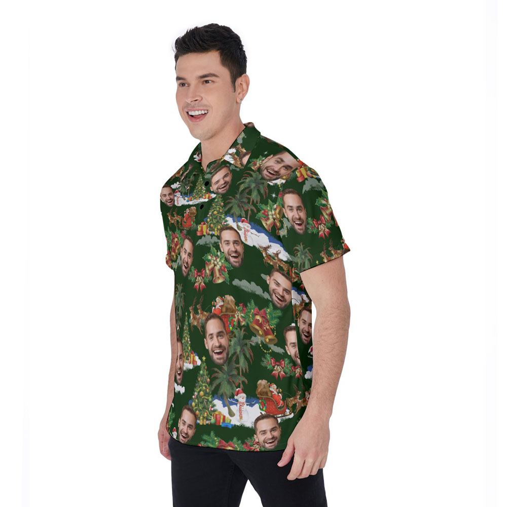 Custom Face Vintage Santa Claus Christmas Green Hawaiian Polo Shirt