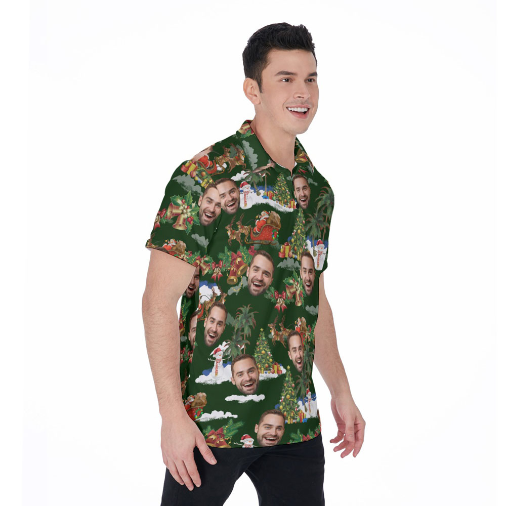 Custom Face Vintage Santa Claus Christmas Green Hawaiian Polo Shirt