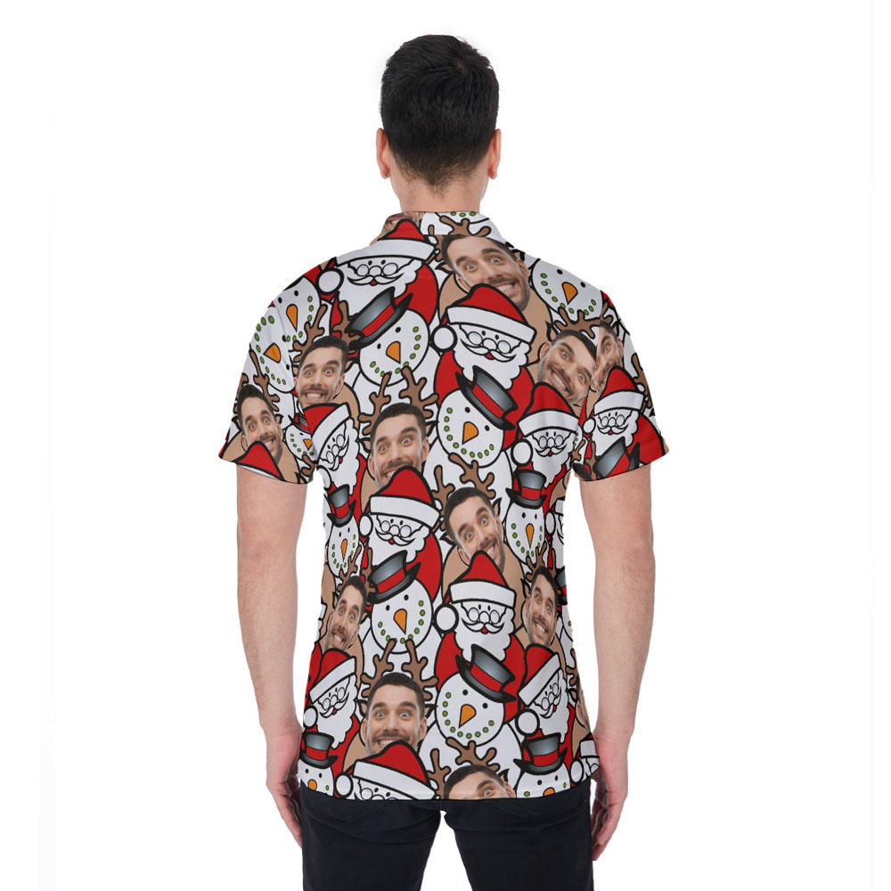 Custom Face Reindeer Snowman Christmas Hawaiian Polo Shirt For Men