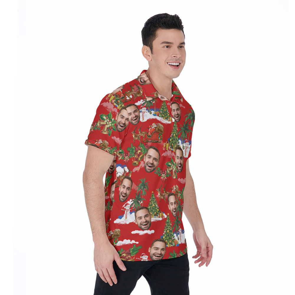 Custom Face Vintage Santa Christmas Red Hawaiian Polo Shirt For Men