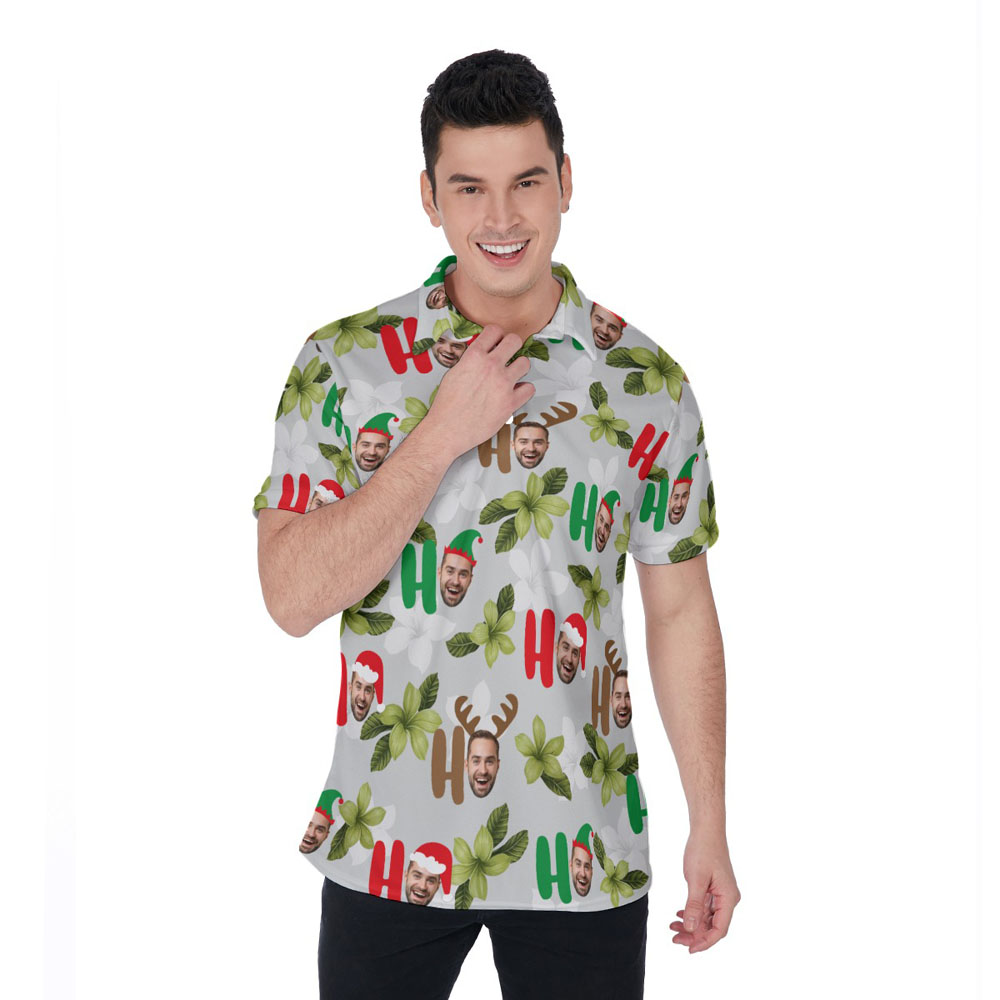 Custom Face Ho Ho Ho Floral Christmas Hawaiian Polo Shirt For Men - variant image 1