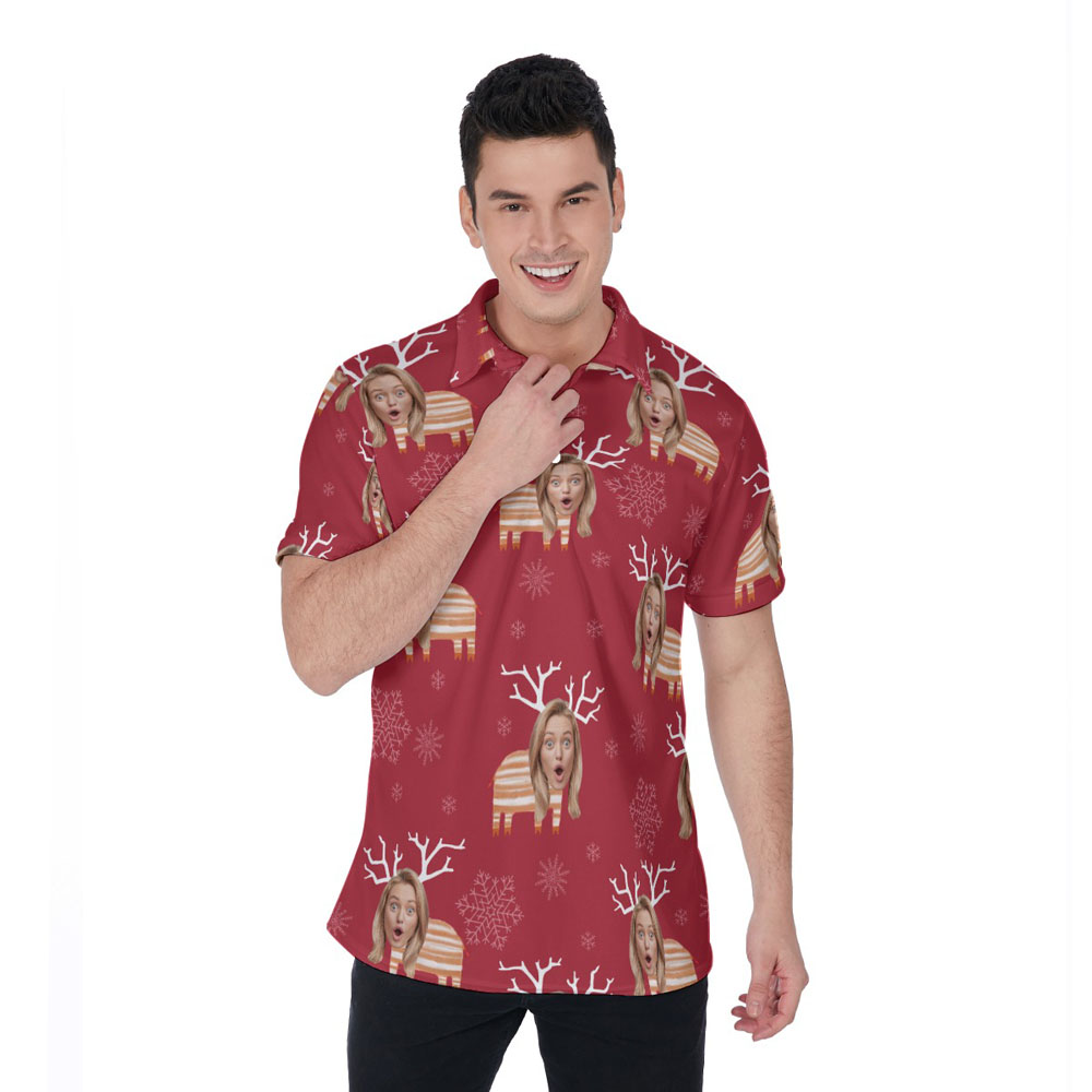 Funny Custom Face Christmas Reindeer Hawaiian Polo Shirt - variant image 1