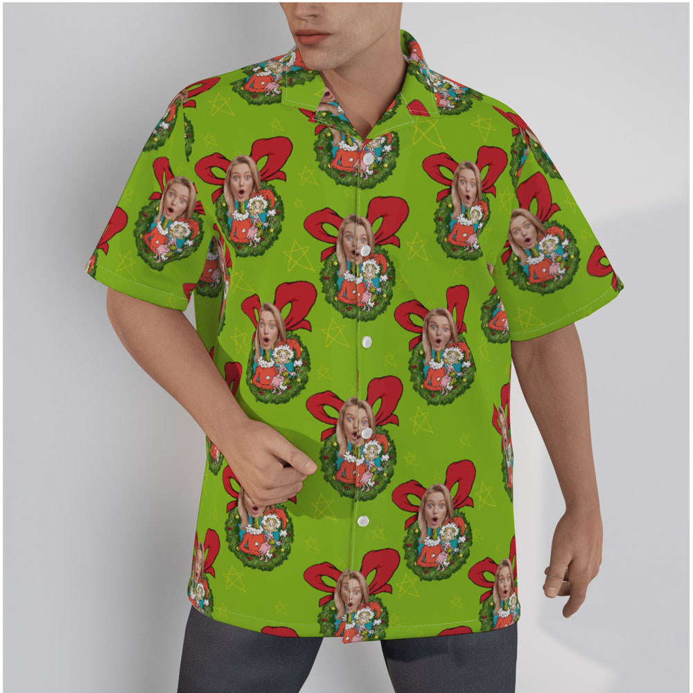 Funny Custom Face Men's Green Christmas Hawaiian Shirt - variant image 1