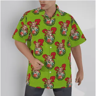 Funny Custom Face Men's Green Christmas Hawaiian Shirt