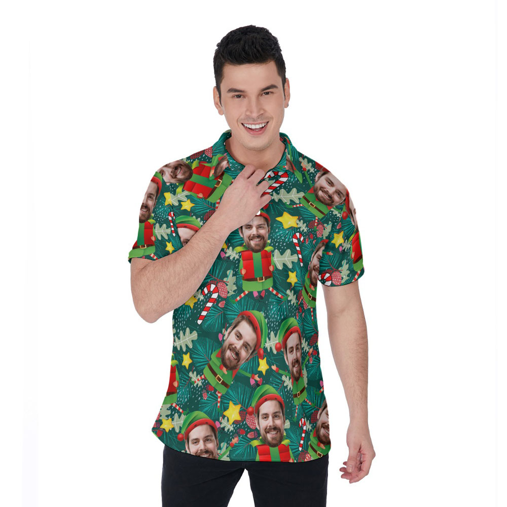 Funny Custom Face Elf Christmas Tropical Hawaiian Polo Shirt - variant image 1