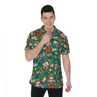 Funny Custom Face Elf Christmas Tropical Hawaiian Polo Shirt