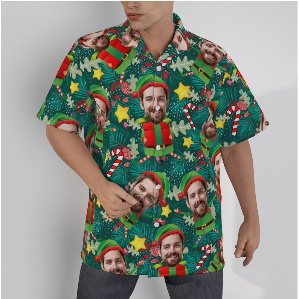 Funny Custom Face Christmas Elf Tropical Hawaiian Shirt - variant image 1
